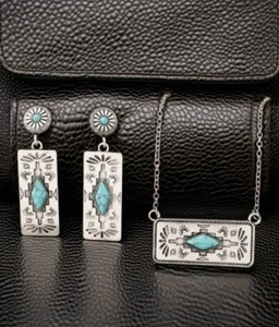 Western Style Gravur Intarsien Blau Türkis Rechteckig Anhänger Schmuckset - Bild 1 von 5