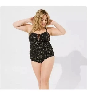 Torrid Black Gold Celestial Ruched Women One Piece Swimsuit Size 3X Beach - Picture 1 of 15