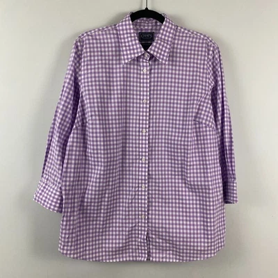 Chaps No Iron Button Up Shirt Womens 1X Purple Gingham Plaid 3/4 Sleeves - Image 1 of 4