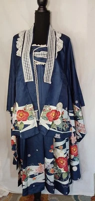 NyaNya Wa 洛丽塔和服礼服套装带夹克和欧比蝴蝶结海军蓝动漫原宿角色扮演  — 第 1/4 张图片