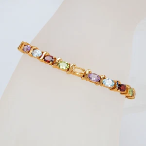 Sterling Silver 925 Multi Gemstone Tennis Bracelet 6.75", Vermeil - Picture 1 of 14