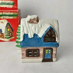 Vtg 1988 Bougie Votive Village D'Hiver Candle Holder Winter Cabin Blue Snow Tree - Picture 1 of 11