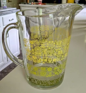 Vintage Glas Krug grün weiß gelb Blumenmuster Mid Century  - Bild 1 von 5
