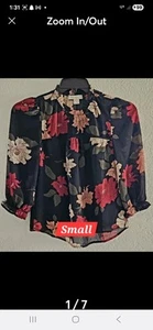 A1-014 Monteau Blouse, featuring  stunning black floral pattern, delicate ruffle - Picture 1 of 7