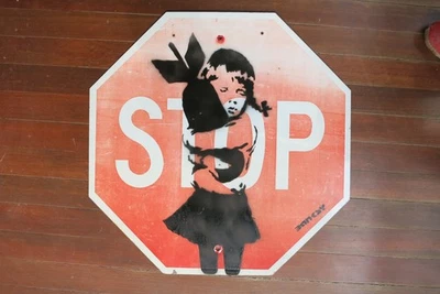 Authentic Original Art ~Banksy~ 3X3 Foot Metal Stop Sign~~ Bomb Hugger Girl~~ - Image 1 of 4
