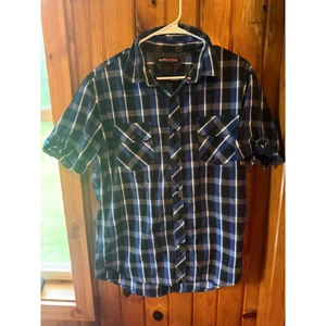 Camisa informal con botones de manga corta a cuadros Hawke para hombre azul negro talla grande - Imagen 1 de 4