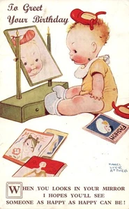 MLA artista firmato Mabel Lucie Attwell cartolina d'epoca bambino allo specchio set P 2 - Foto 1 di 2