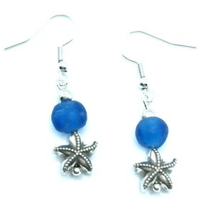 Brighton Seascape Starfish Shell Ocean Life Royal Blue Beads Custom Earrings - Picture 1 of 7