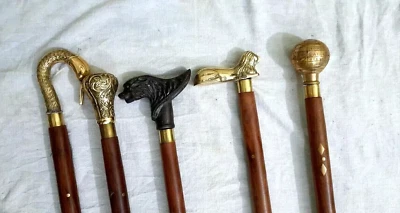 Lote de 5 piezas de regalo hecho a mano con mango de latón macizo bastón de madera antiguo Foto 1 de 4