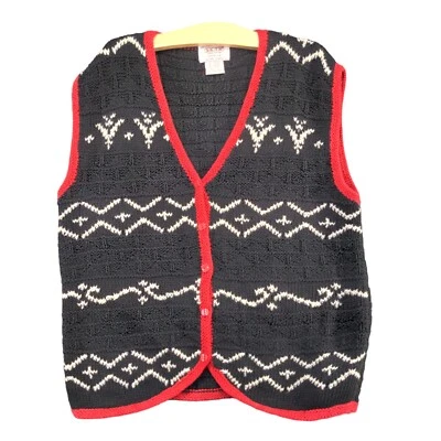 Colete suéter feminino Skyr de malha com botão frontal grande preto geométrico gola V vintage - Imagem 1 de 4