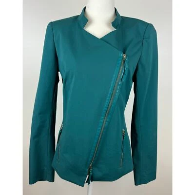 Blazer Chaqueta Moto Lafayette 148 Mujer con Borde de Cuero en Verde Esmeralda Talla 4 Foto 1 de 4