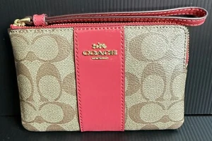 NWT Coach Khaki / True Red Signature PVC Corner Zip Wristlet Wallet F34650 - Picture 1 of 6