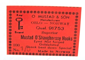 Vintage O. Mustad & Son Fischhaken 100 vergoldet Gr. 1/0 Spezialschaft - Bild 1 von 7