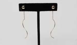 Marked CU 14K Solid Yellow Gold Ball Wavy Long Drop Threader Earrings - Picture 1 of 20