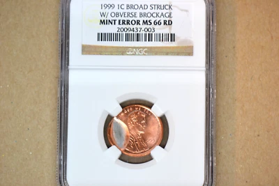 1999 Lincoln Cent- Broadstruck W/ Obverse Brockage- NGC MS-66 RD.   Amazing!! - Image 1 of 4