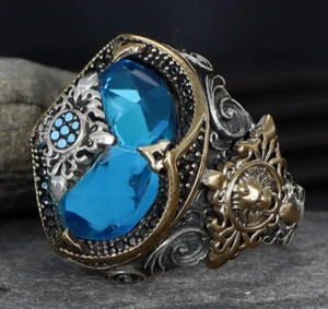 Aqua Marin Stone 925 Sterling Silver Men's Ring Turkish Handmade Natural Stone - Picture 1 of 4