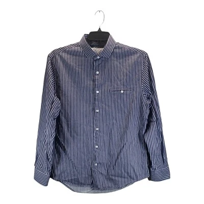 Camisa Perry Ellis Mujer Grande Azul Blanco Rayas Cuello Manga Larga Algodón Foto 1 de 4