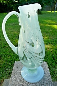 Studio Art Glass Pitcher Hand Blown Footed Pale Green Opalescent Swirls Unique - Picture 1 of 12
