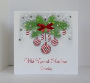 Christmas Card with envelope Personalised 6x6 inch with gemstones and ribbon bow - Picture 1 of 2