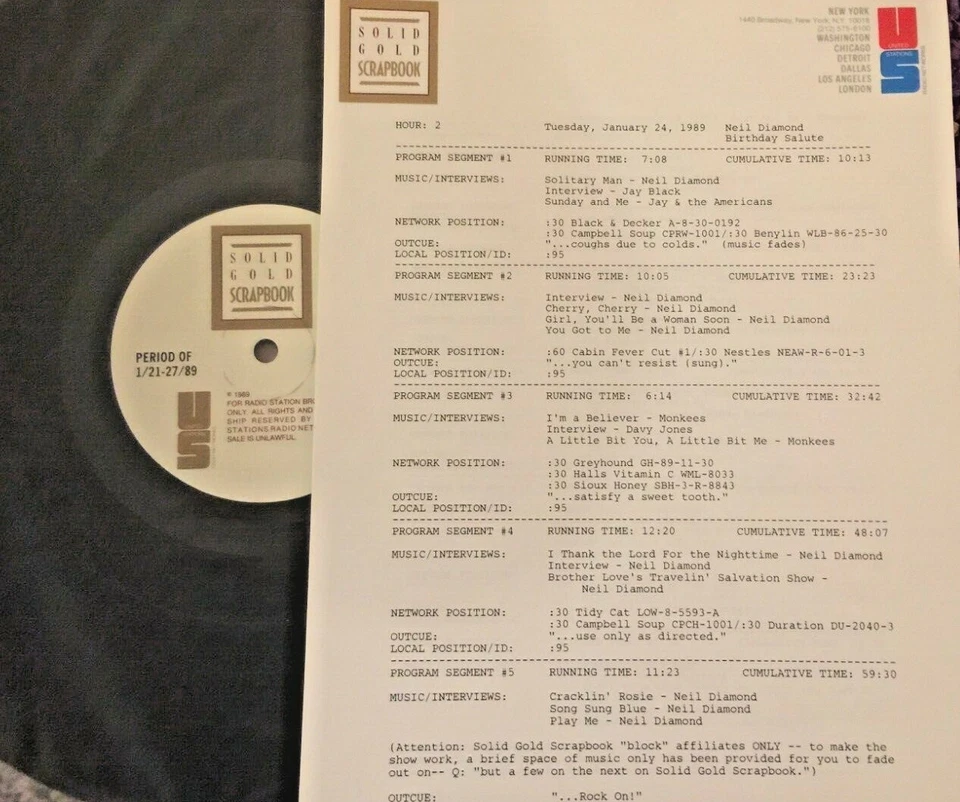 RADIO SHOW 1/24/89 NEIL DIAMOND BIRTHDAY SALUTE w/4 INTERVIEWS & 12 GREAT HITS - Image 1 of 1