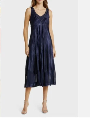 Vestido midi KOMAROV Midnight Azul Marino Con cuentas Cuello en V Charmeuse Gasa en capas S = 4/6 Foto 1 de 3