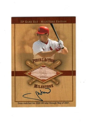 2001 SP Game Bat Milestone PIece of the Action Autograph #SJD J.D. Drew - Image 1 of 2
