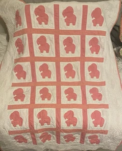 Vintage Charming & Sweet Baby/Crib Quilt -Pink Elephants-32”x50”-By Hand~TLC/EXC - Picture 1 of 7