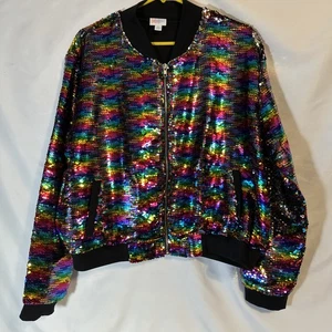 LuLaRoe Jacket XL Iridescent Rainbow Sequin Stevi Bomber Zipper Pockets HOLIDAY  - Picture 1 of 6