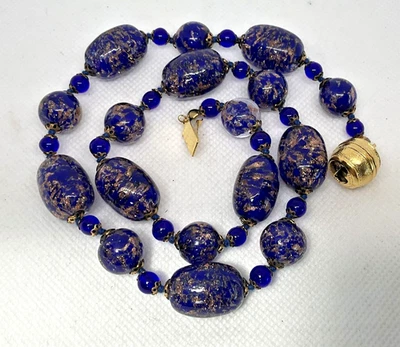 Vintage Venetian Murano Italy Somerso Cobal Blue Glass Lampwork Bead Necklace - Image 1 of 4