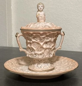 Peachy Lidded Tea Cup Winged Cherub Finial Two Handled w/Saucer REPAIRED REGLUED - Picture 1 of 16