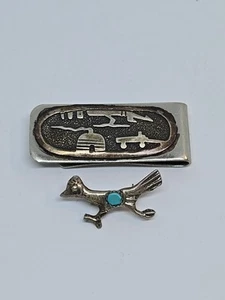 Vintage Navajo Gene Gibson Sterlingsilber Geldklammer + Roadrunner Türkis Pin - Bild 1 von 16