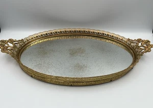 Vintage French Style MCM Vanity Tray Brass Mirror Gold Brass Filigree 17” - Picture 1 of 10