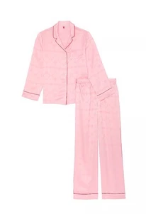 NEW Victoria's Secret Satin Long Pajama Set Pink Heart Top & Pants Large HTF - Picture 1 of 5