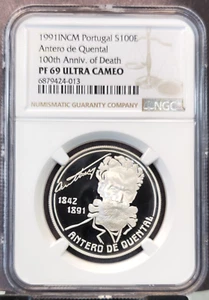 1991 PORTUGAL SILVER 100 ESCUDOS ANTERO DE QUENTAL NGC PF 69 ULTRA CAMEO TOP POP - Picture 1 of 5