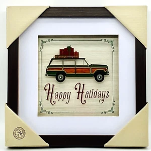 Happy Holidays Framed Dimensional Art Glass w Woody Stationwagon 9.5"x9.5" NWT - Picture 1 of 8