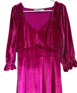 Women's Velvet Dress Magenta Long Sleeve Boho Retro Ruffle Hem Party Evening - Picture 1 of 10