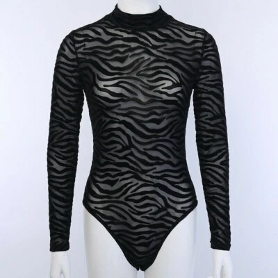 Damen Turnanzug Netz Durchsichtig Top Body Gothic Bluse Tanga Streifen - Bild 1 von 4