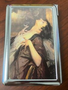 Vintage Smoking Woman Cigarette Case with Built in Lighter Metal Wallet