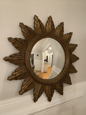 Vintage Mid Century Gilt Gold Sunburst Starburst Convex Mirror 28” Cover