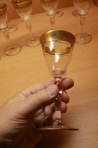 10 bicchieri vintage Tiffin-Francescani con piedi, incrostati d'oro (forse rosa Rambler) - Foto 1 di 21
