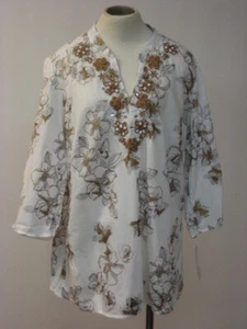 Charter Club White Cotton Embroidered Beaded 3/4 Sleeve Blouse Tunic 14W NWT  - Picture 1 of 1