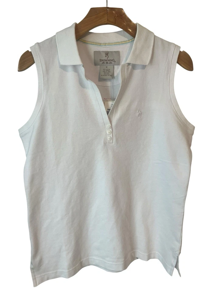 Camisa regata feminina Browning sem mangas M branca gola V gola alta com botão nova com etiquetas - Imagem 1 de 4