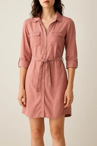 Vestido camisero rosa suave azul marino antiguo para mujer talla S botón delantero cinturón manga 3/4 - Imagen 1 de 4