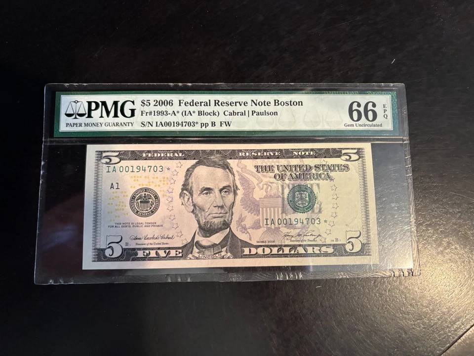 DBR 2006 $5 FRN Boston Gem STAR Fr. 1993-A* PMG 66 EPQ Serial IA00194703* - Image 1 of 2
