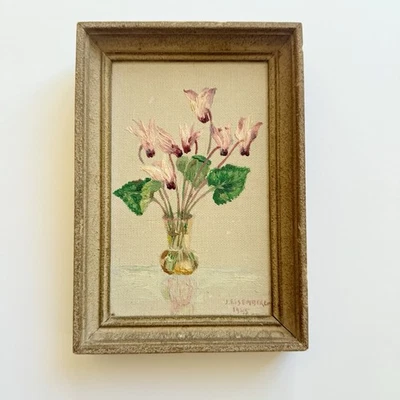 Vintage 1945 Tiny Floral Signed Original Framed Oil Painting of cyclamen flowers - Image 1 of 4