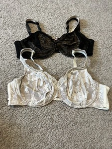 Lot Of 2 CACIQUE 44D UNDERWIRE Lined Lace Bras  Ivory Black Wide Straps - Picture 1 of 11