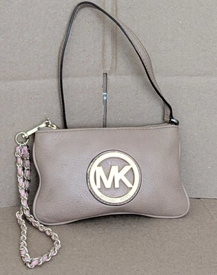 Michael Kors Fulton Leather Wristlet Mini Clutch BIG MK Shiny GOLD LOGO Brown 7” - Image 1 of 4
