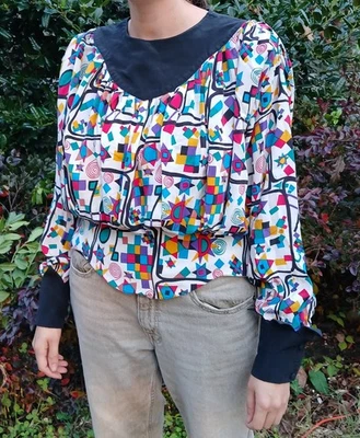 Vtg 80s Silk Blouse Sz Small Colorful Geometrics Jester Cuffs Shoulder Pads - Image 1 of 4