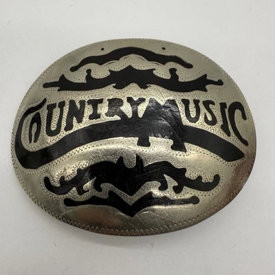 Vintage Belt Buckle Country Music Black Silver Tone Western Spell Out - Image 1 of 4