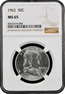 1962  FRANKLIN US Half Dollar,   MS65 by NGC,   a SUPERB looking coin!!!! - Image 1 of 4